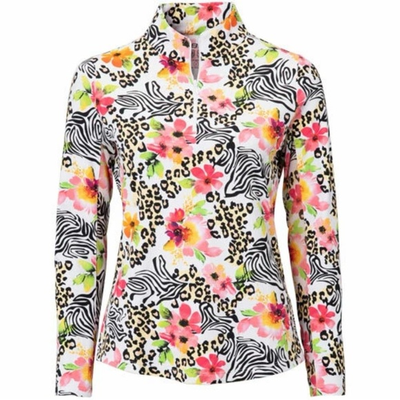 IBKUL Flower Zebra Leopard Print Long Sleeve Quarter Zip Top Size XXL - Picture 2 of 9